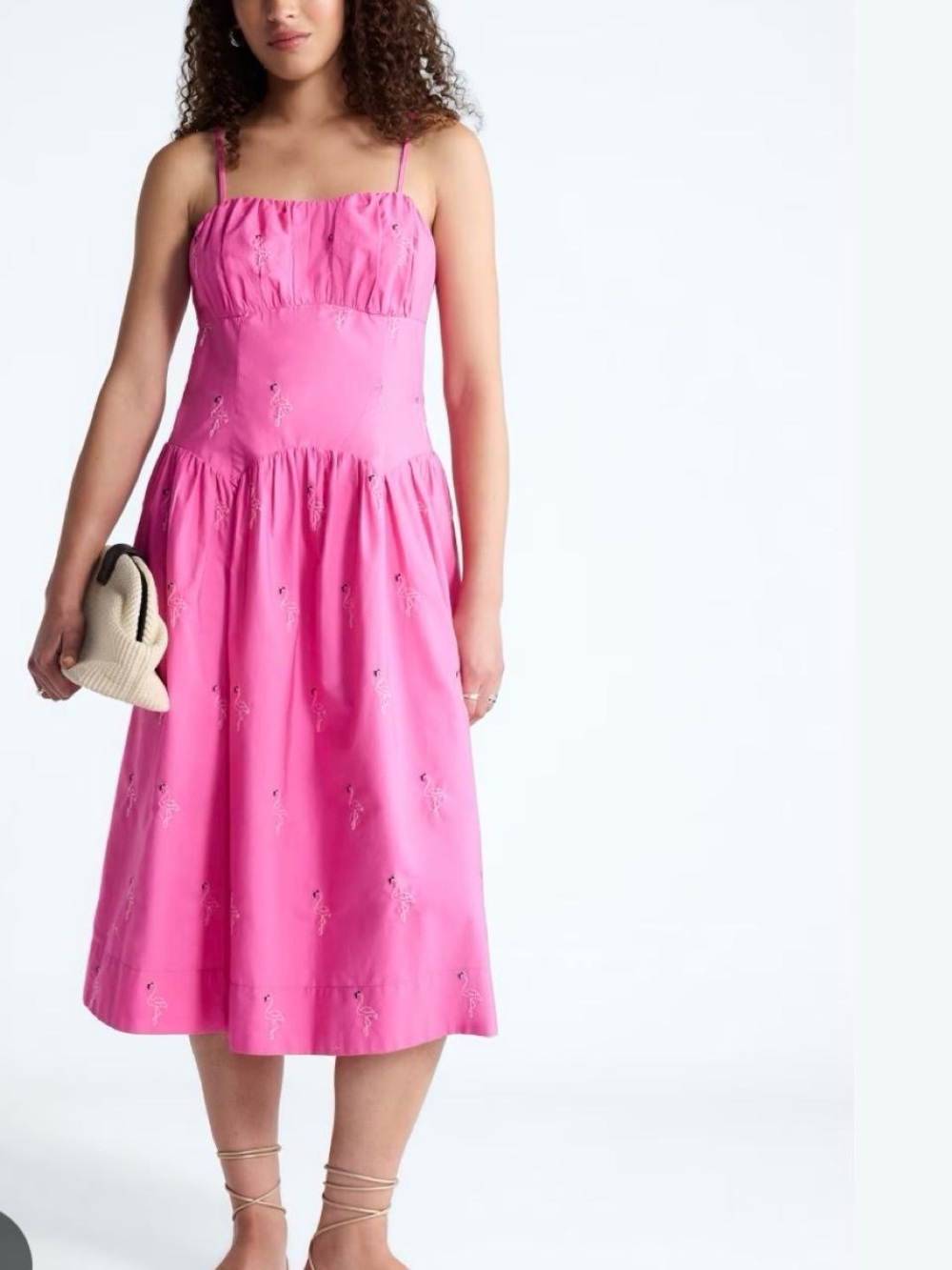 Floral-Embroidered Pink Midi Dress with Spaghetti Straps